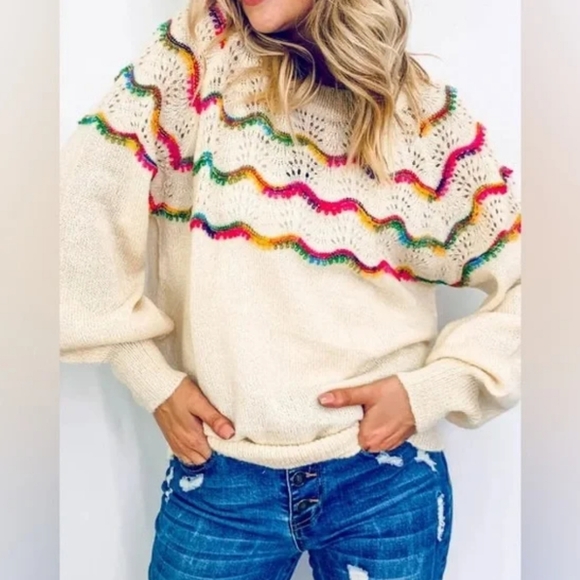 Andthewhy Sweaters - Andthewhy Crochet Rainbow Colorful Wave Pattern Woven Sweater